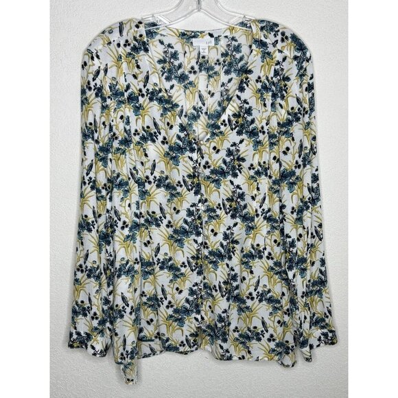 J Jill Top Extra Large Petite Blue Bird Print Green Floral Lightweight Office - Picture 2 of 14